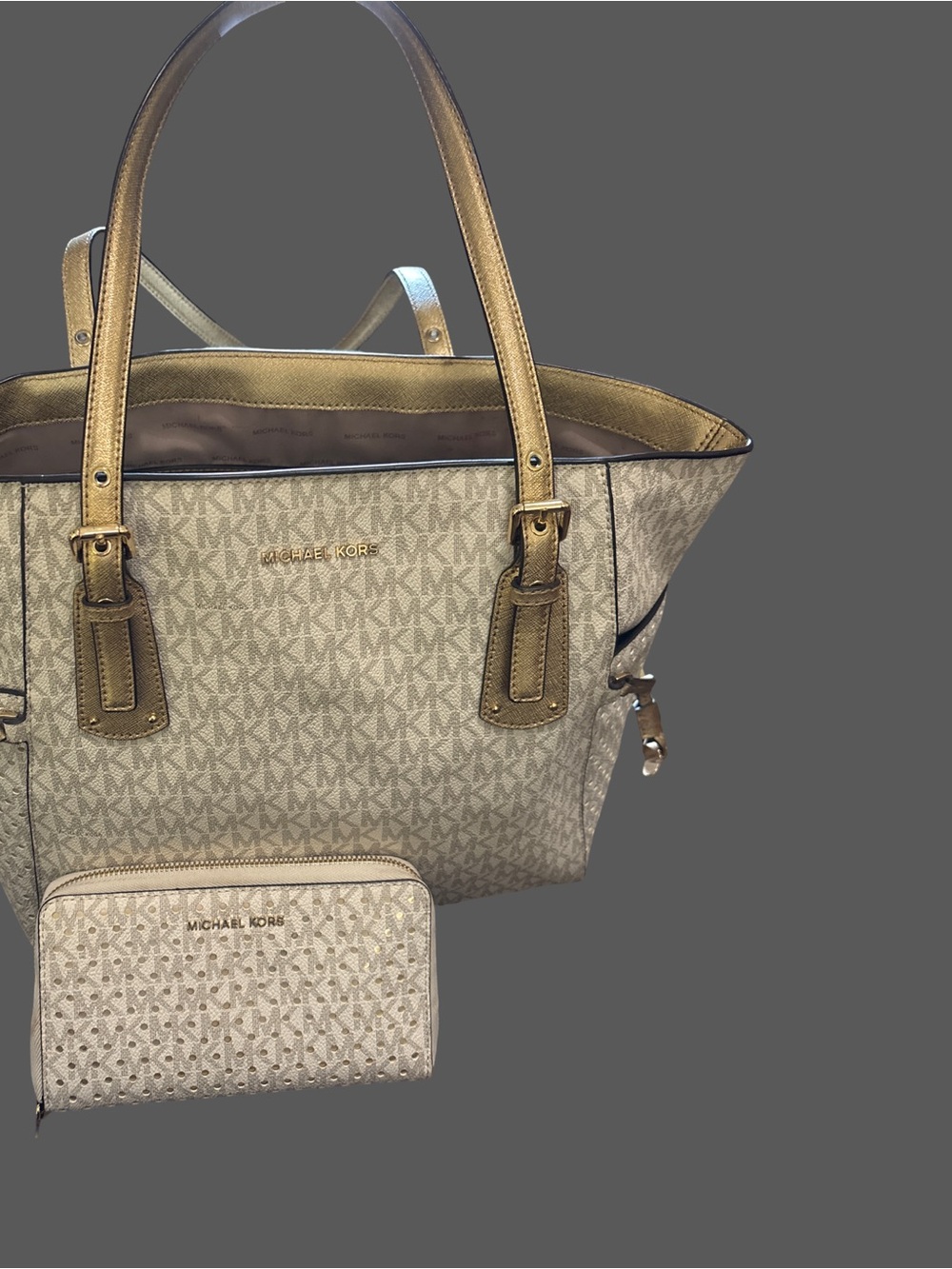 Michael Kors Beige MK Logo Tote with Gold Leather Trim and Matching Wallet